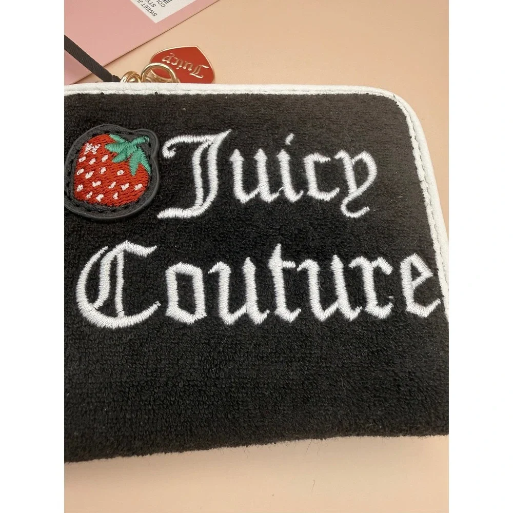 Juicy Couture Sweet Juicy L-Zip Card Case Wallet Black Velour Strawberry‎ NEW